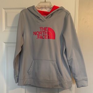 The North Face Light Gray Hoodie with Bright Pink Logo